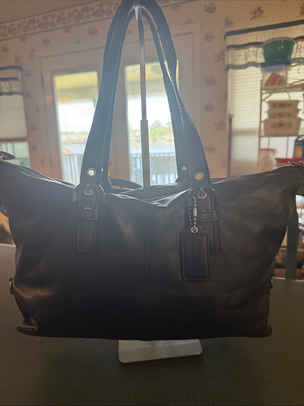 Beautiful Coach Black Leather Shoulder Bag with Signature Hang Tag